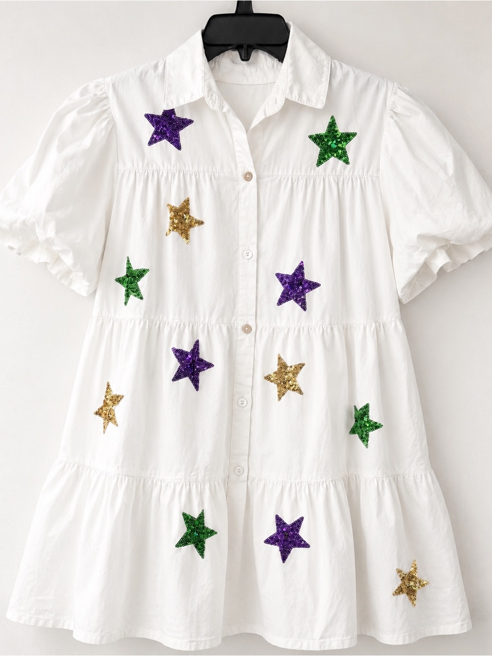 White Tiered Maxi Dress with Green, Purple & Gold Sequin Stars